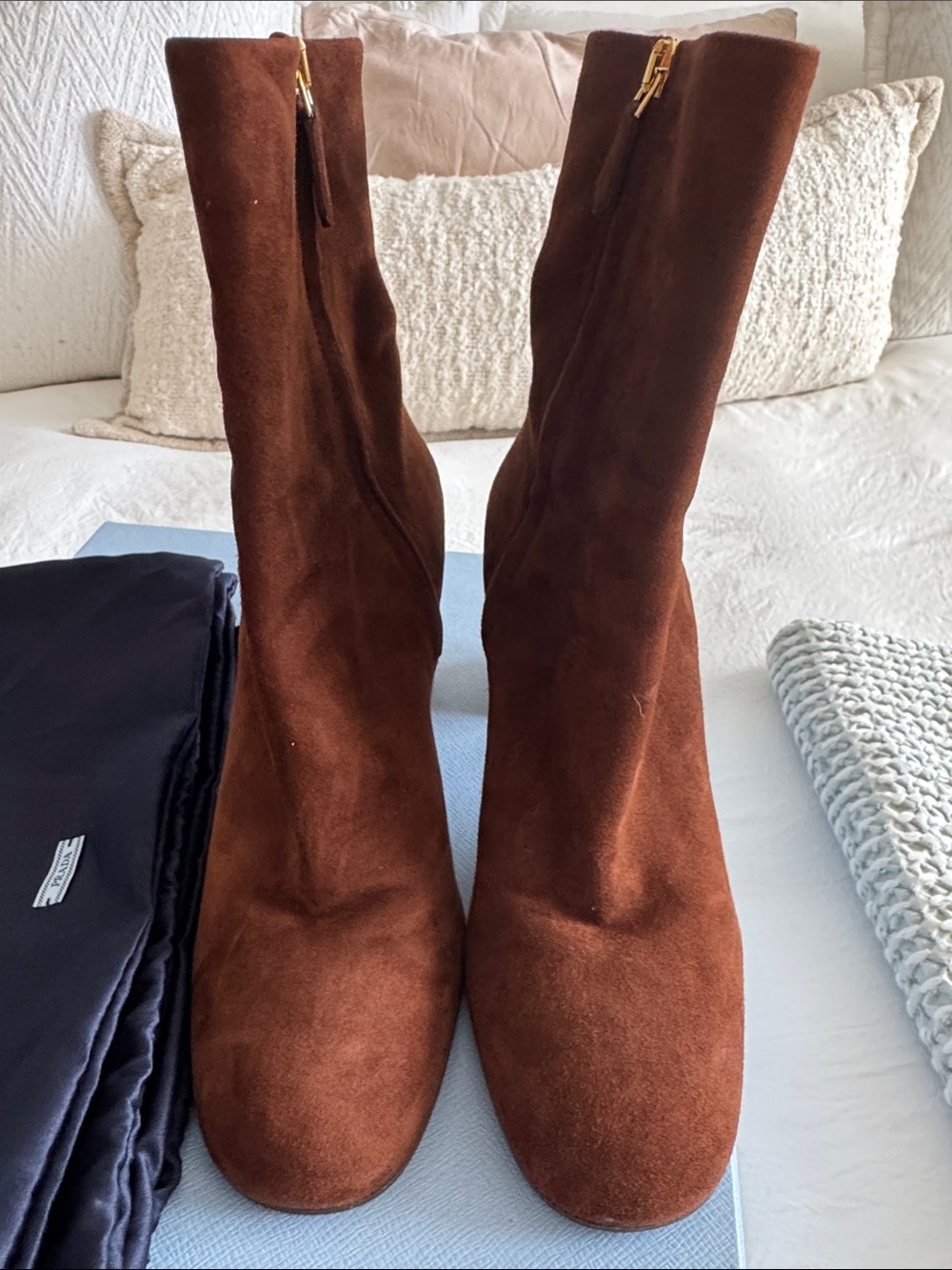 Prada Chestnut Brown Suede Block Heel Ankle Boots - Picture 3 of 10
